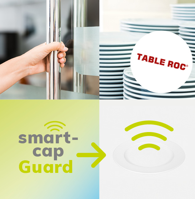 Der Schriftzuf smart-cap Guard ist zu sehen, sowie Geschirrteile, von denen RFID-Wellen ausstrahlen, sowie eine Hand, die sich an einer Stange festhält